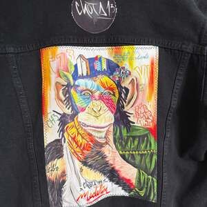 Denim Hooded‎ Jean Jacket Large Patch Psychedelic Monkey Pop Art Unique
